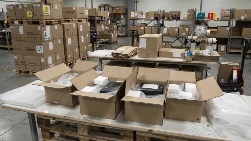 Een logistieke werkruimte met verschillende kartonnen dozen, pallets en verpakkingsmateriaal, waarbij duidelijk zichtbaar is dat sommige dozen te veel lege ruimte bevatten en andere goed passend zijn voor efficiënte verzending.