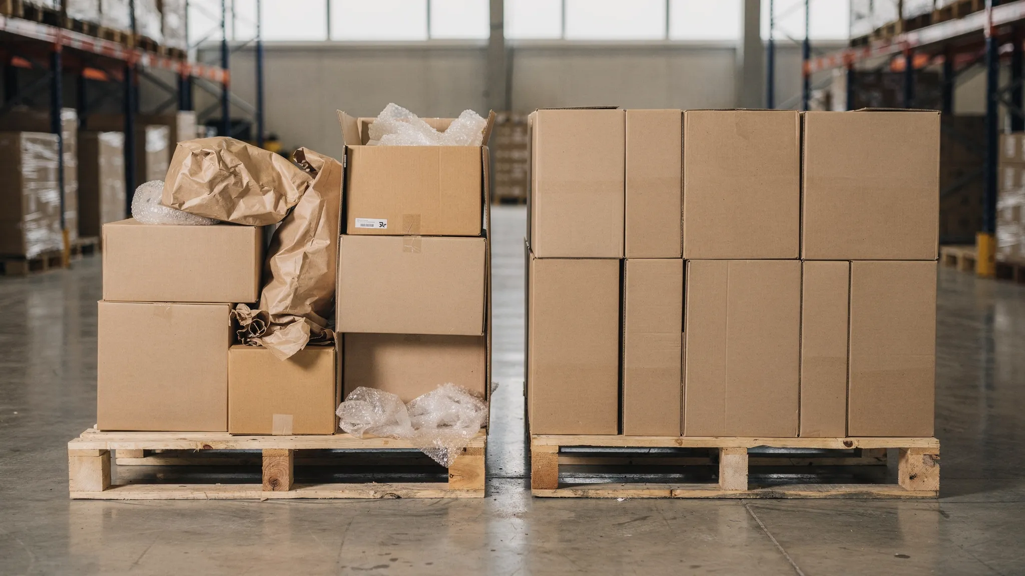 Een magazijnvloer met twee vergelijkbare pallets: links standaarddozen met veel lege ruimte en opvulmateriaal, rechts compacte kartonnen maatwerkverpakkingen die strak en stabiel op de pallet zijn gestapeld.