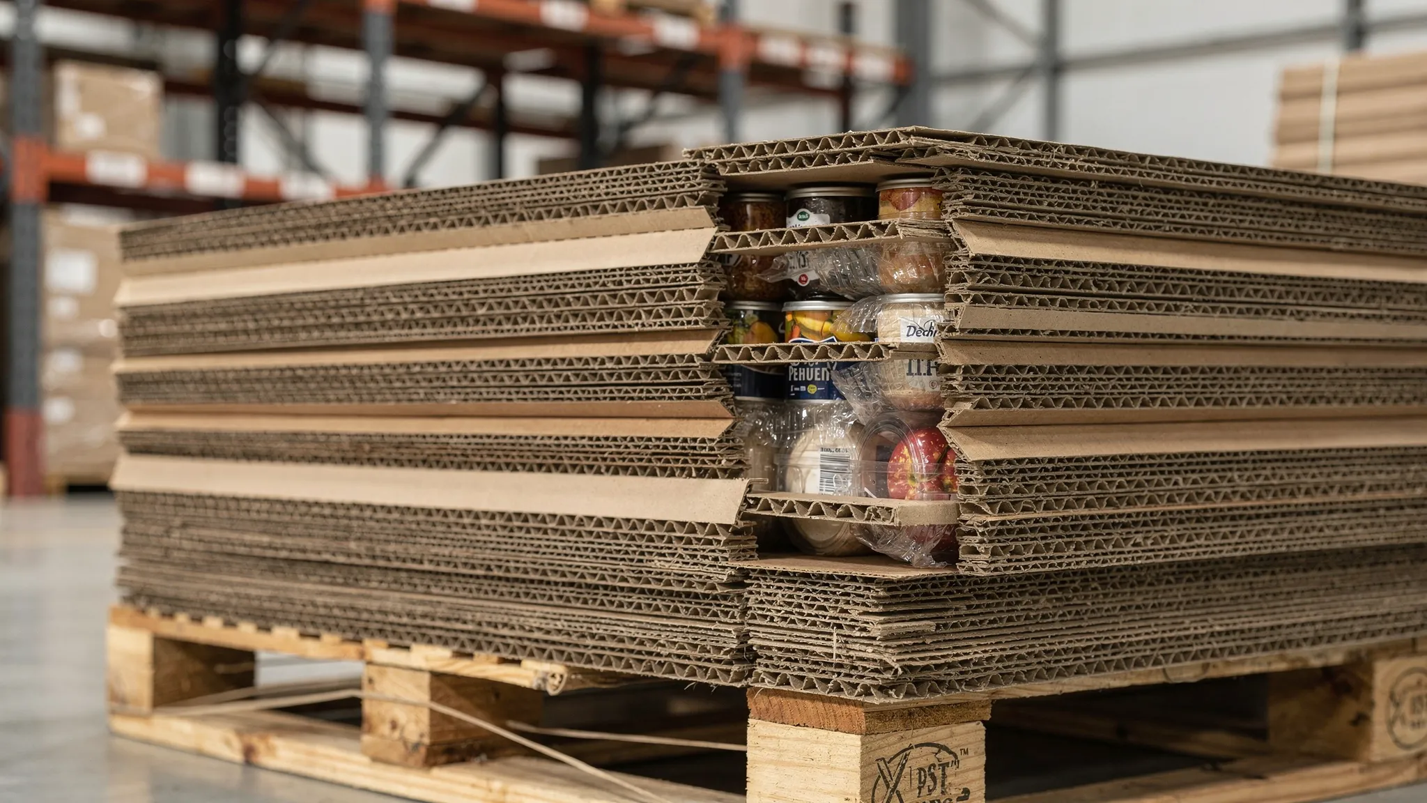 Een opengewerkte golfkartonnen doos met zichtbare papierlagen, golfstructuur, productbescherming en stapeling op een pallet in een magazijnomgeving.