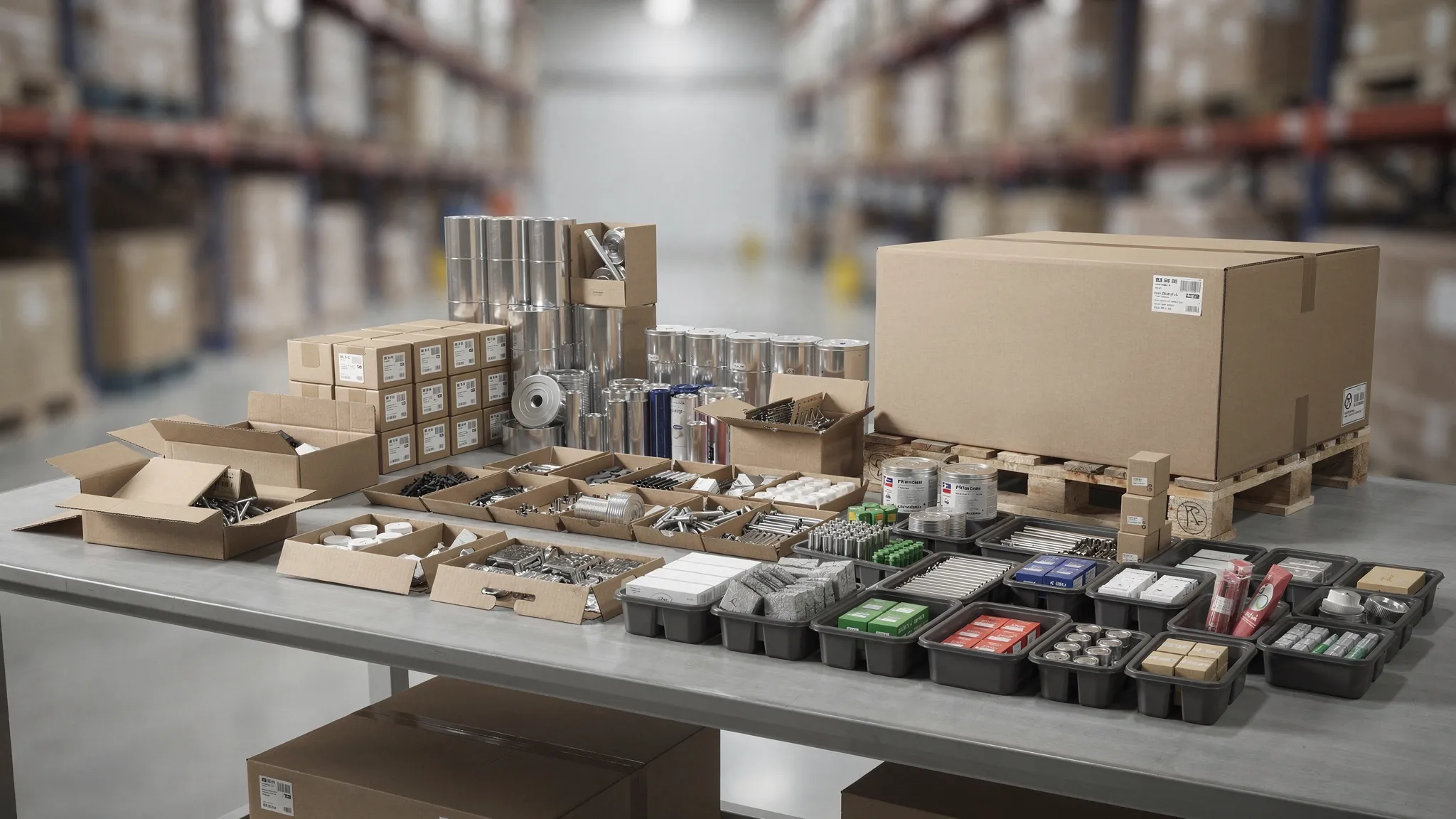 Een overzicht van een logistieke werktafel met verzenddozen, binnenwerken, trays en palletdozen naast producten van verschillende vormen en maten.