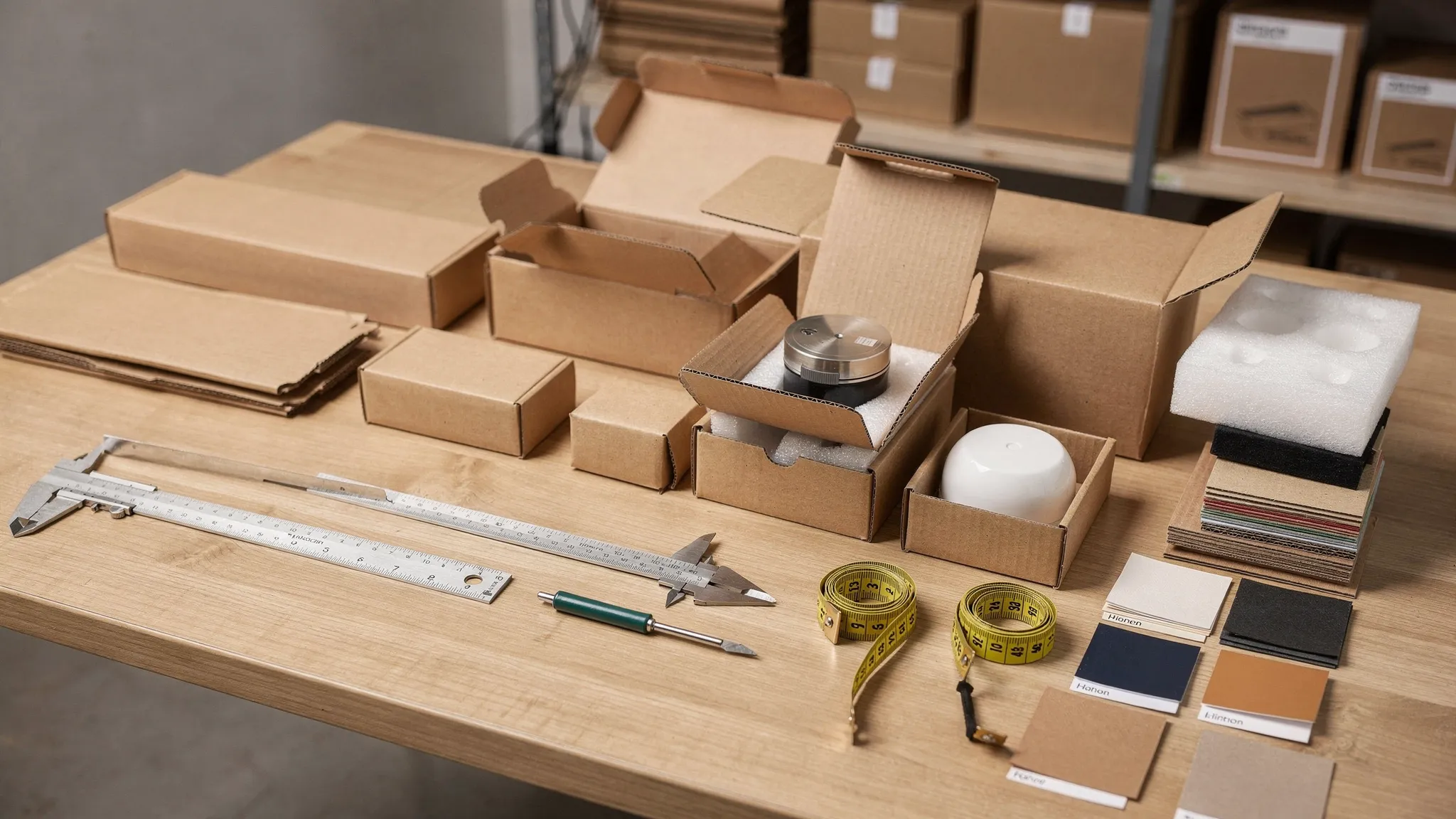 Een werktafel met golfkartonnen verpakkingen in verschillende maten, meetgereedschap, productmonsters en materiaalstalen. De scène laat zien hoe een verpakking wordt afgestemd op productafmetingen, bescherming en merkuitstraling.