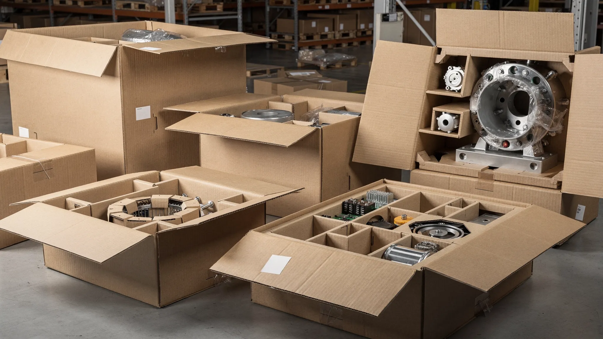 Golfkartonnen verpakkingen in verschillende formaten rond kwetsbare, zware en onregelmatige producten, met passende binnenwerken en weinig lege ruimte in een magazijnomgeving.