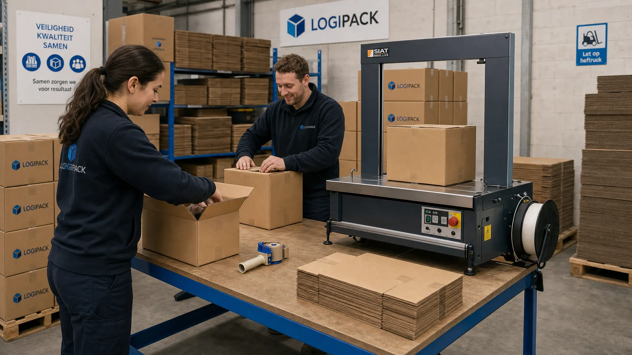 Een logistieke werkplek met een semi-automatisch sluitapparaat, gestapelde golfkartonnen dozen en twee medewerkers die aan een werktafel dozen vullen en sluiten.
