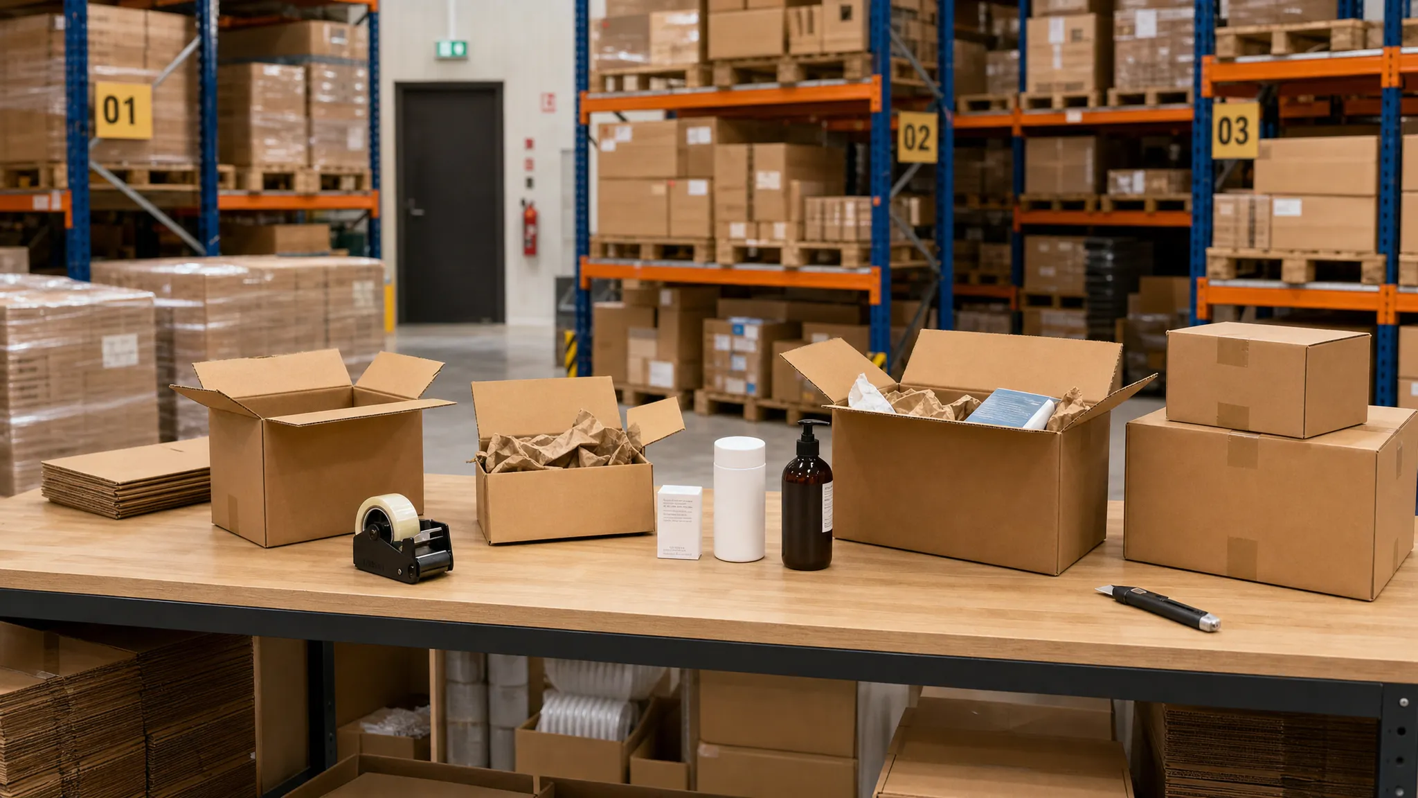 Een logistieke werktafel met verschillende kartonnen verzenddozen in passende formaten, enkele producten en weinig opvulmateriaal, met op de achtergrond stellingen en gestapelde pallets in een magazijn.