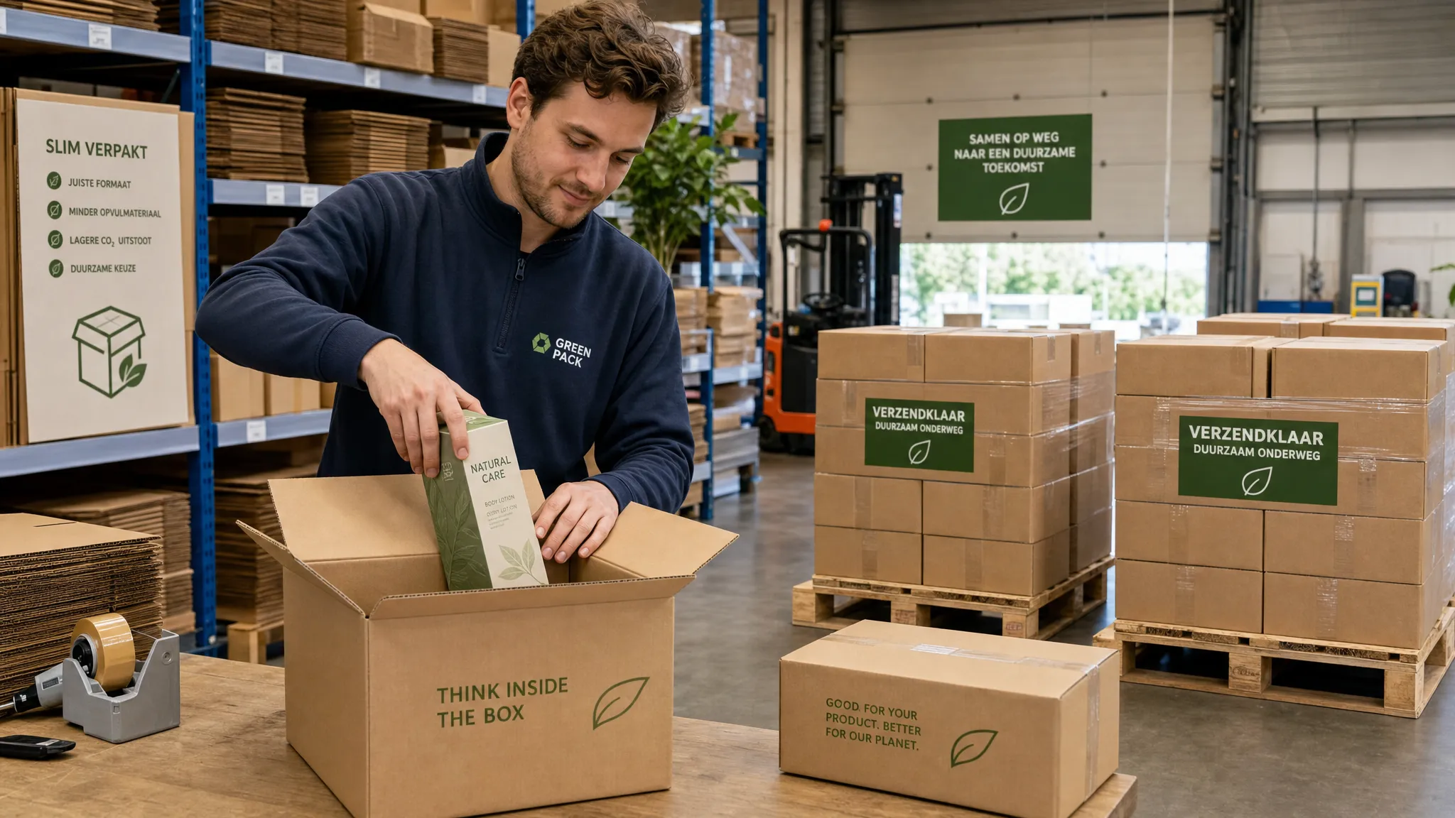 Een magazijnmedewerker plaatst producten in goed passende golfkartonnen verzenddozen met weinig opvulmateriaal, terwijl op de achtergrond compacte pallets met verzenddozen klaarstaan voor verzending.
