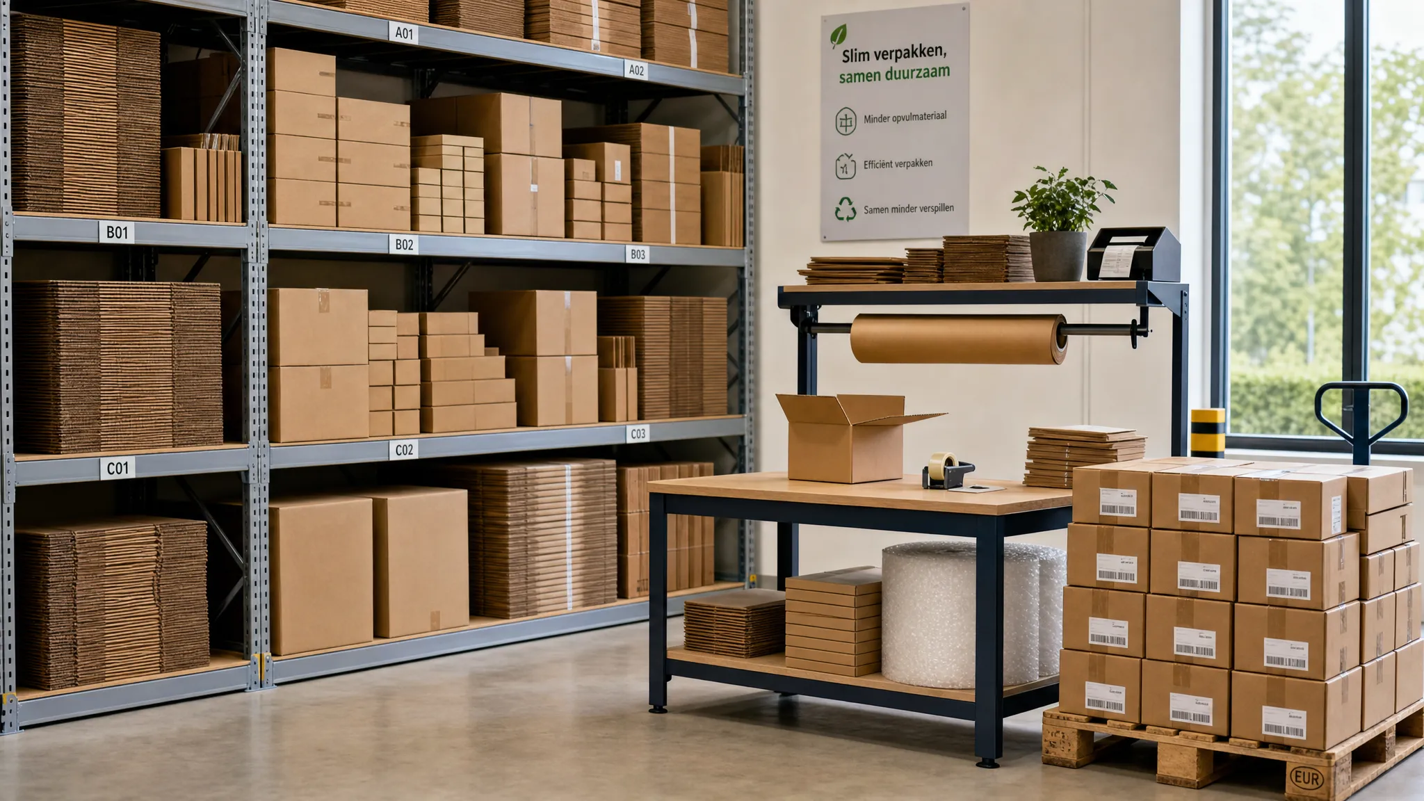 Een magazijnstelling met zorgvuldig gestapelde golfkartonnen dozen in verschillende passende formaten, naast een inpaktafel met minder opvulmateriaal en een efficiënt beladen pallet met compacte verzenddozen.