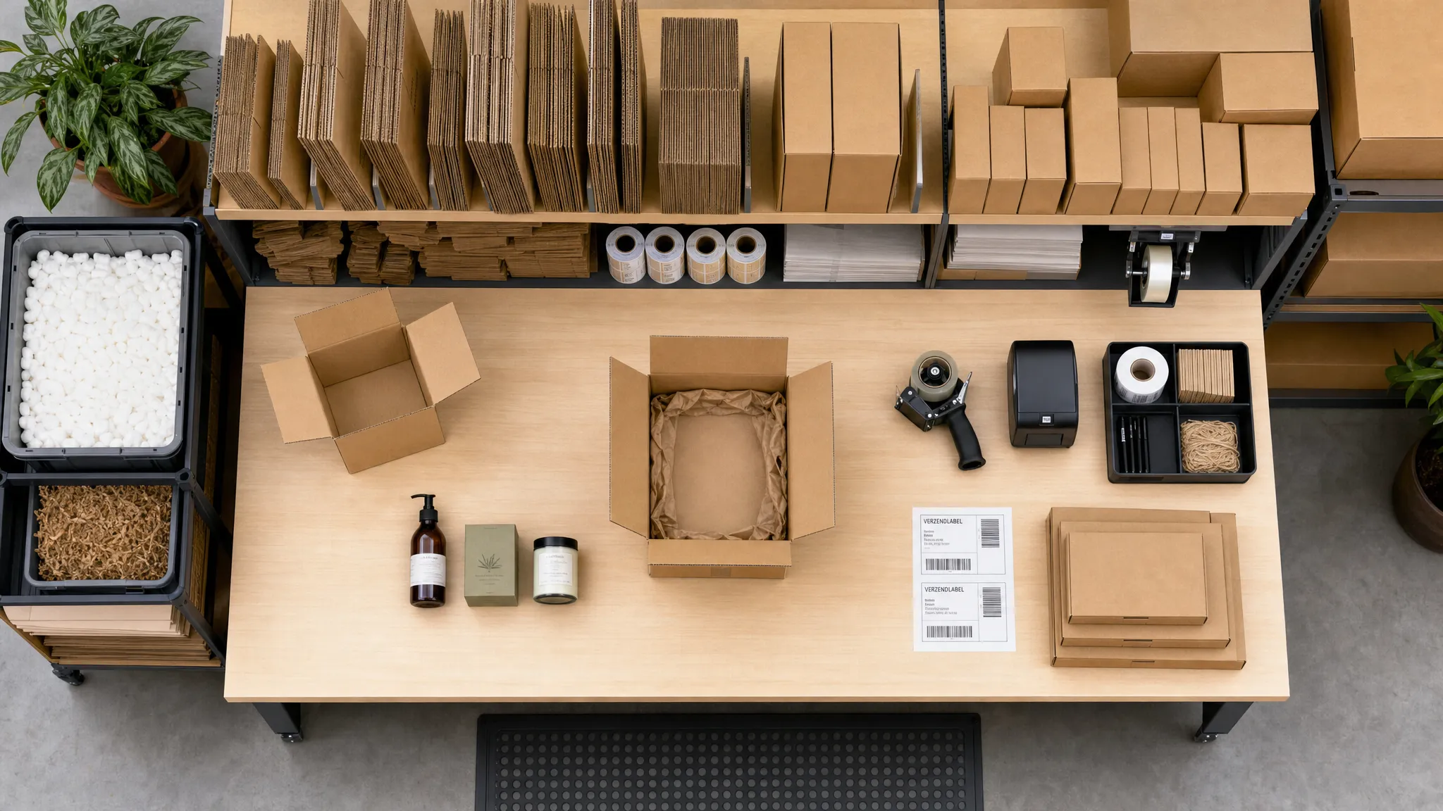 Een overzichtelijke fulfilmentwerkplek met kartonnen dozen in verschillende passende formaten, producten klaar om te verpakken, labels en opvulmateriaal netjes georganiseerd op een inpaktafel, gezien van bovenaf.