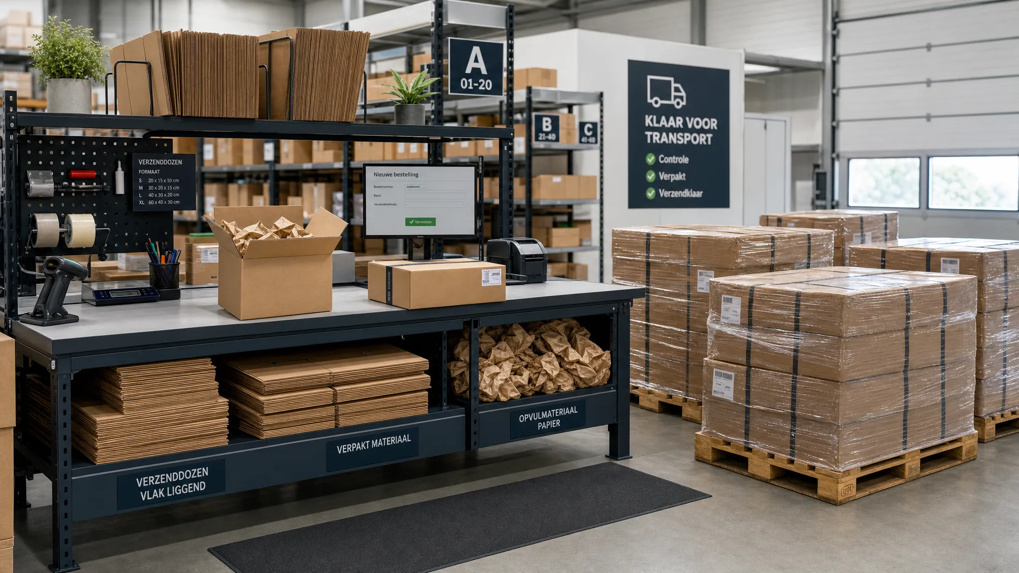 Een overzichtelijke fulfilmentwerkplek met vlakliggende golfkartonnen verzenddozen, gevulde pakketten, opvulmateriaal van papier en pallets klaar voor transport in een modern magazijn.
