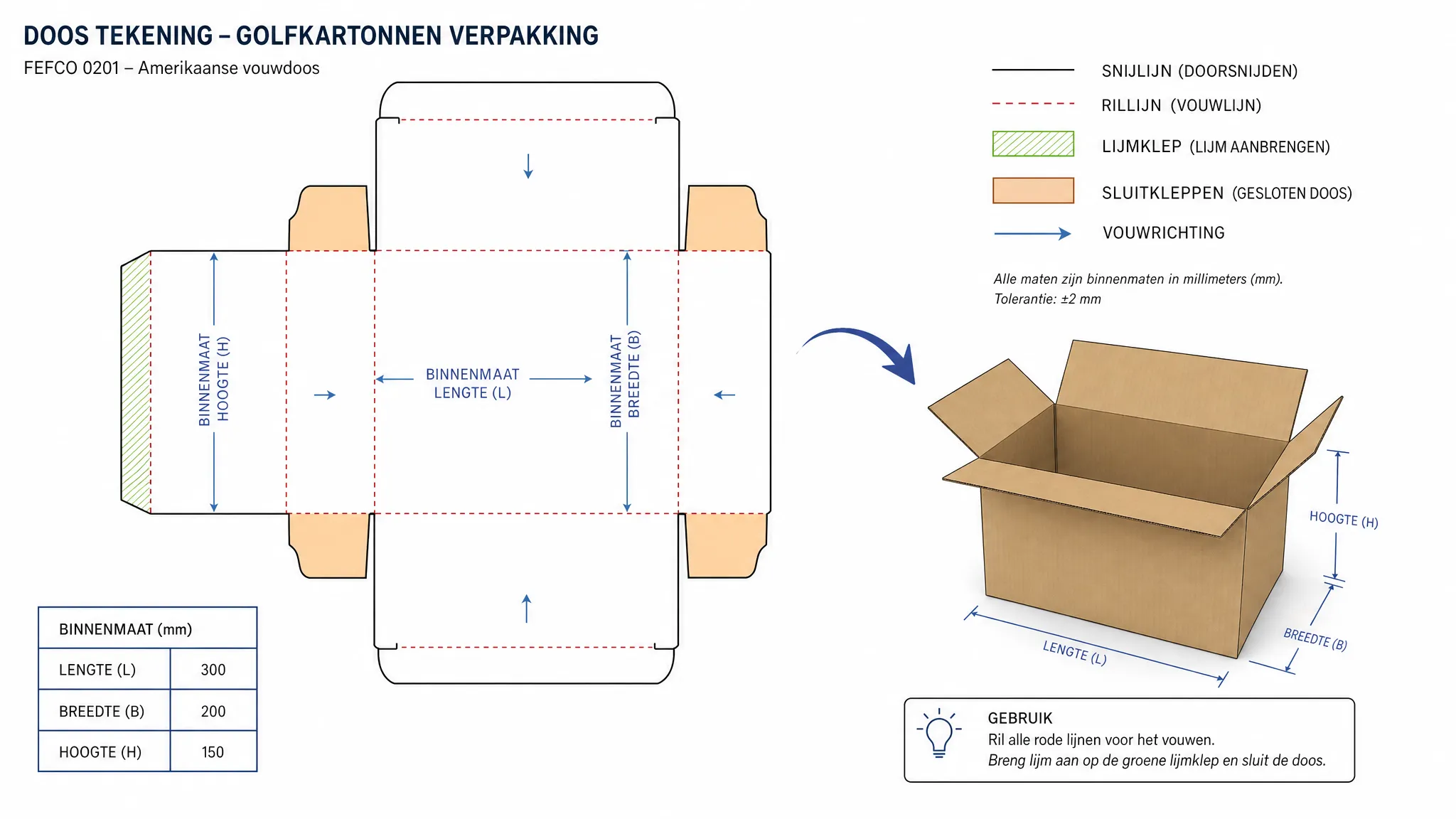 Een vlakke technische doos tekening van een golfkartonnen verpakking met duidelijke aanduidingen voor binnenmaat, snijlijnen, rillijnen, lijmklep, sluitkleppen en vouwrichting. Daarnaast staat een eenvoudige opgezetten doos zodat zichtbaar is hoe de platte uitslag verandert in een 3D verpakking.