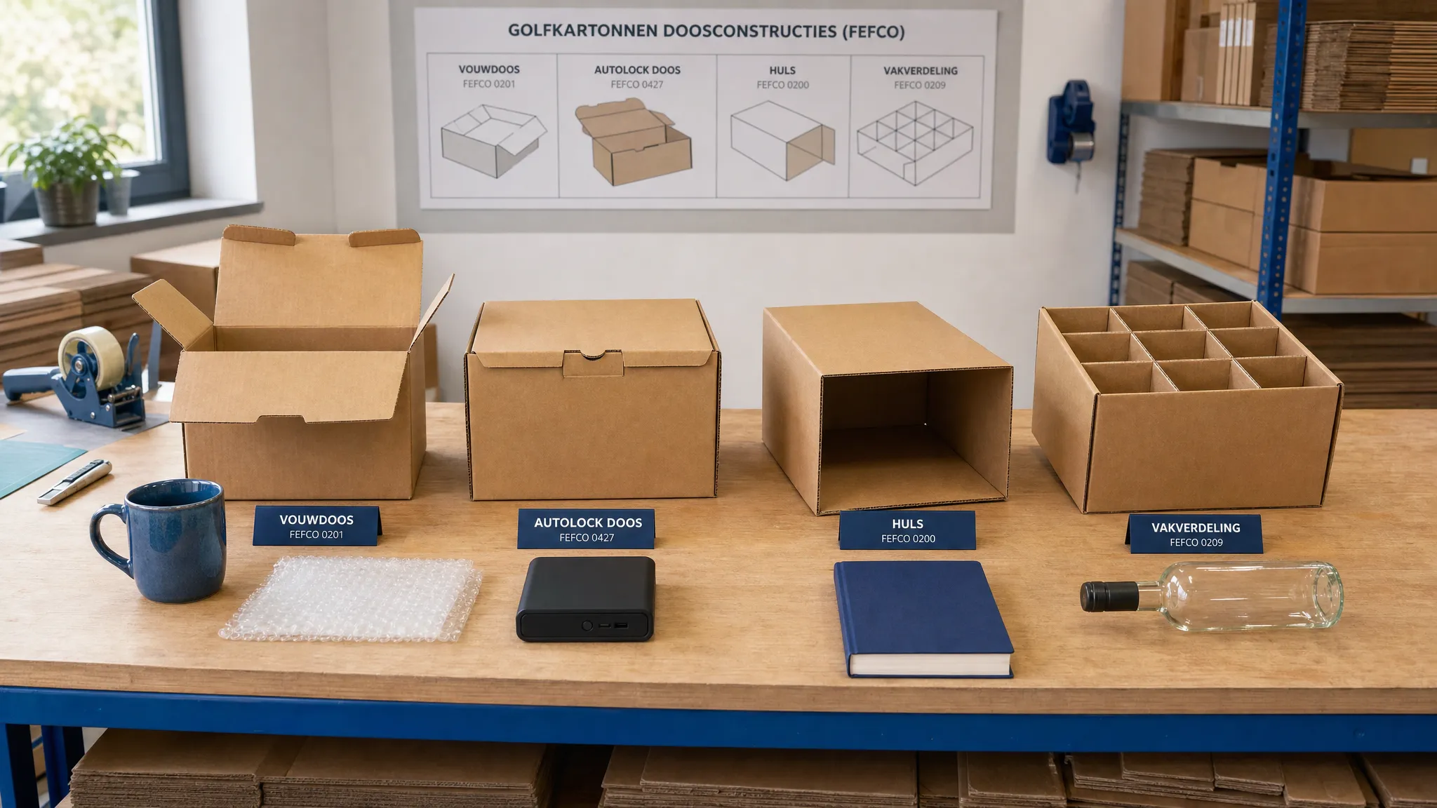 Een werktafel in een verpakkingsruimte met verschillende golfkartonnen FEFCO doosconstructies naast elkaar, waaronder een vouwdoos, autolock doos, huls en vakverdeling, met enkele producten ernaast om pasvorm en bescherming te vergelijken.