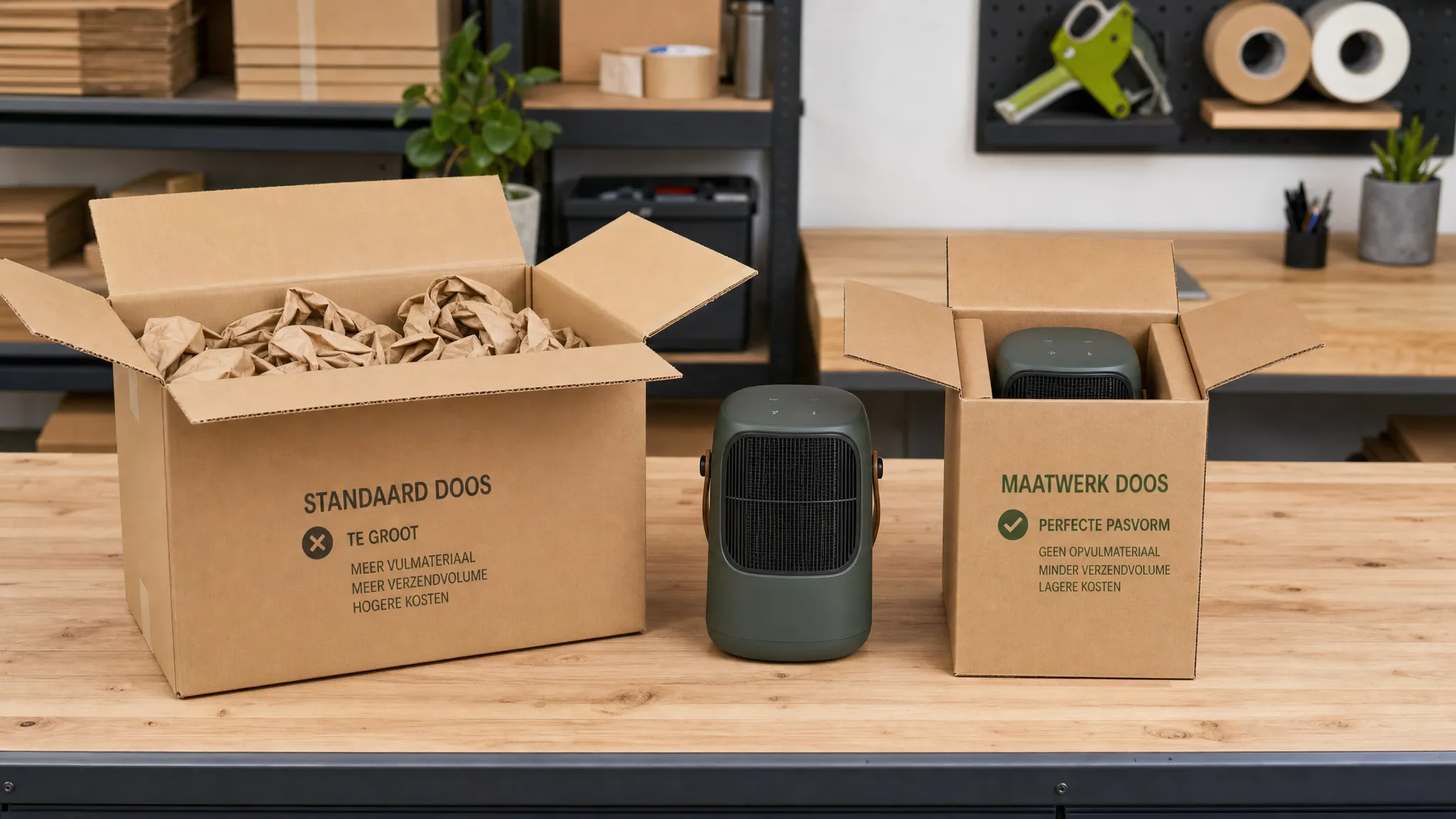 Een werktafel met hetzelfde product naast twee golfkartonnen verpakkingen: een te grote standaarddoos met veel opvulmateriaal en een goed passende maatwerkdoos zonder overtollige ruimte.