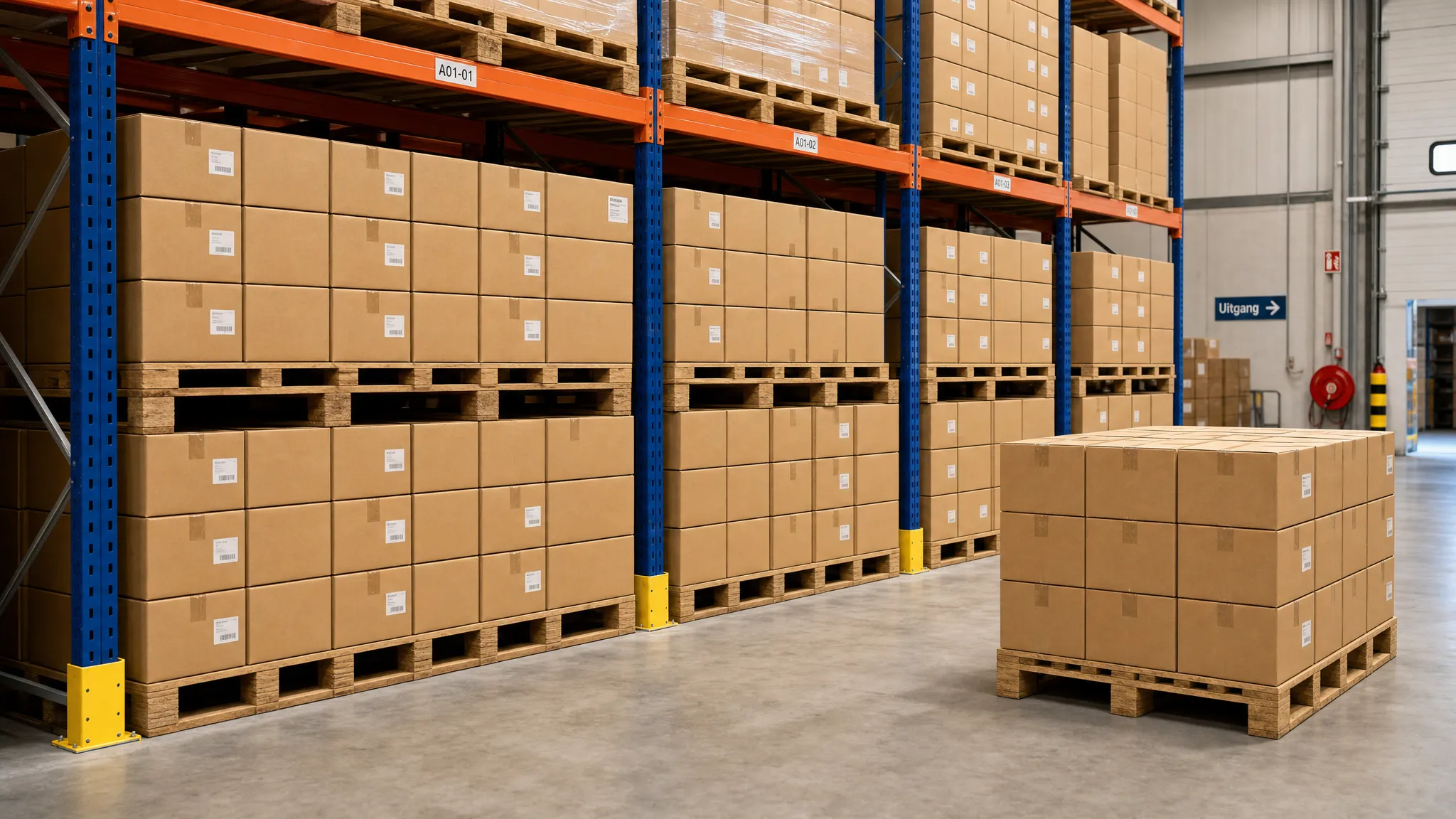 Gestapelde kartonnen dozen op pallets in een overzichtelijk magazijn, met duidelijke lagen, rechte stapels en weinig lege ruimte tussen de dozen.