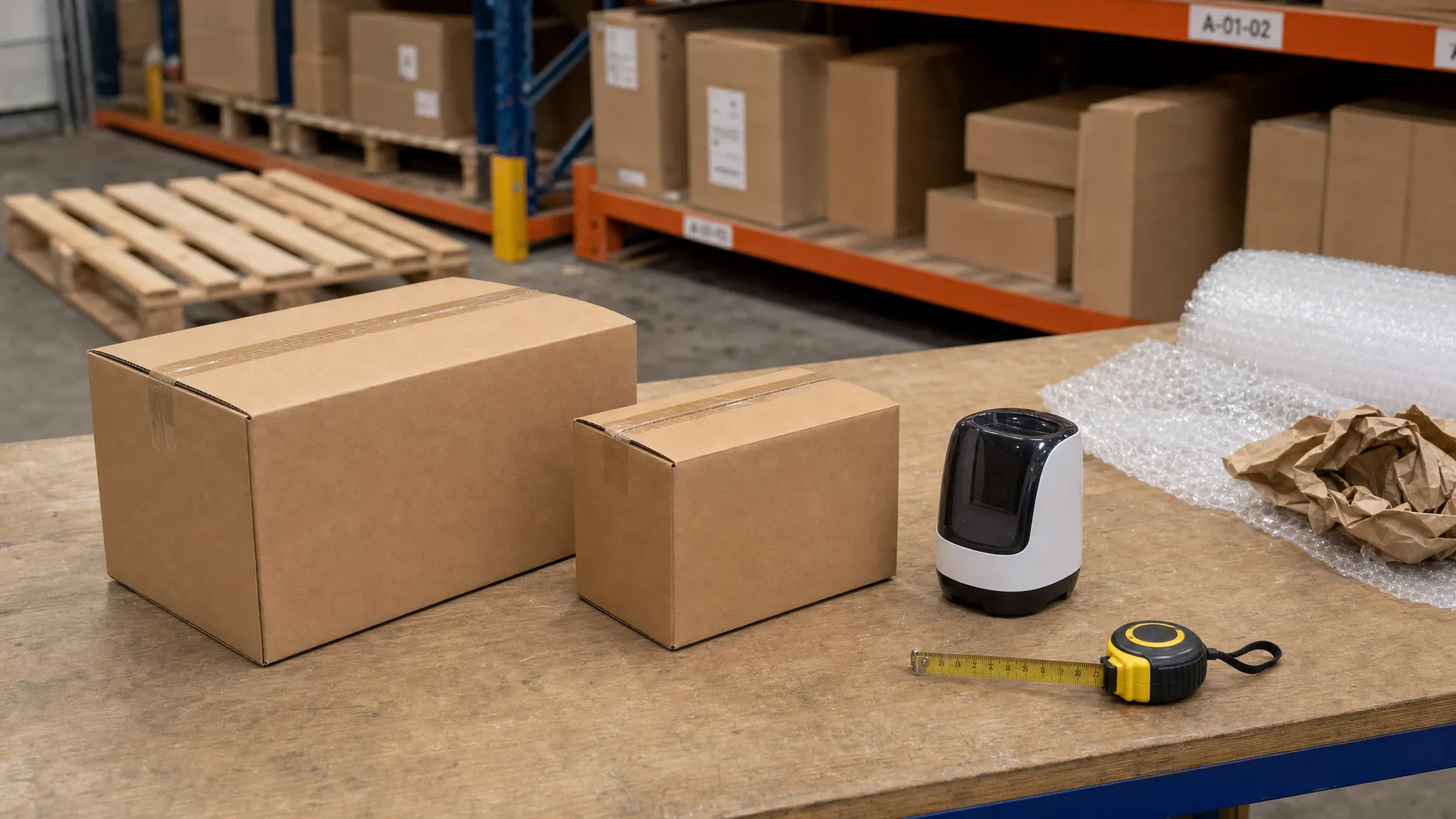 Op een werktafel liggen twee kartonnen dozen in verschillende formaten naast een los product, een meetlint en opvulmateriaal, met een pallet en stellingen op de achtergrond.