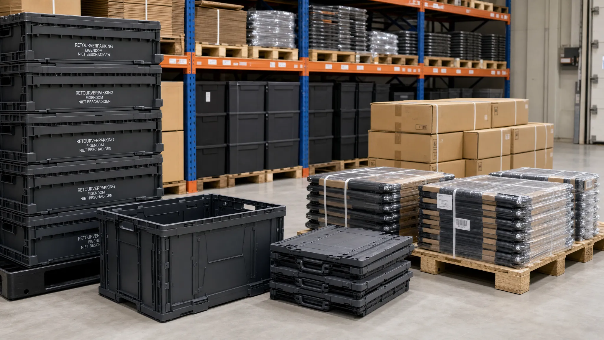 Een magazijnruimte met stapelbare retourverpakkingen, enkele inklapbare bakken en producten die compact zijn gebundeld voor transport.