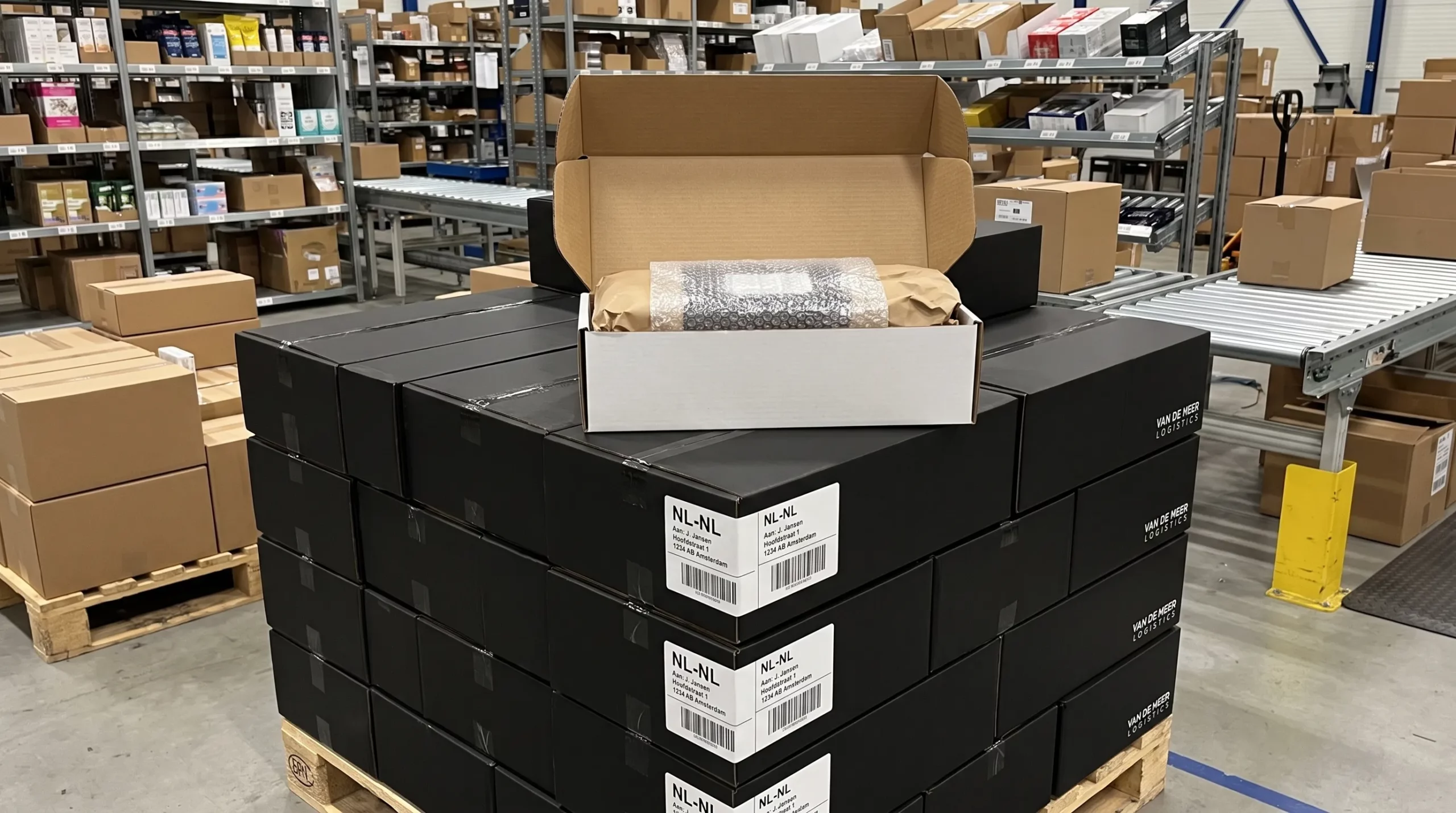 Een nette stapel zwarte kartonnen verzenddozen in een fulfilmentomgeving, met één geopende doos waarin een passend verpakt product veilig ligt. Op de dozen zijn duidelijke verzendetiketten en subtiele merkdetails zichtbaar.