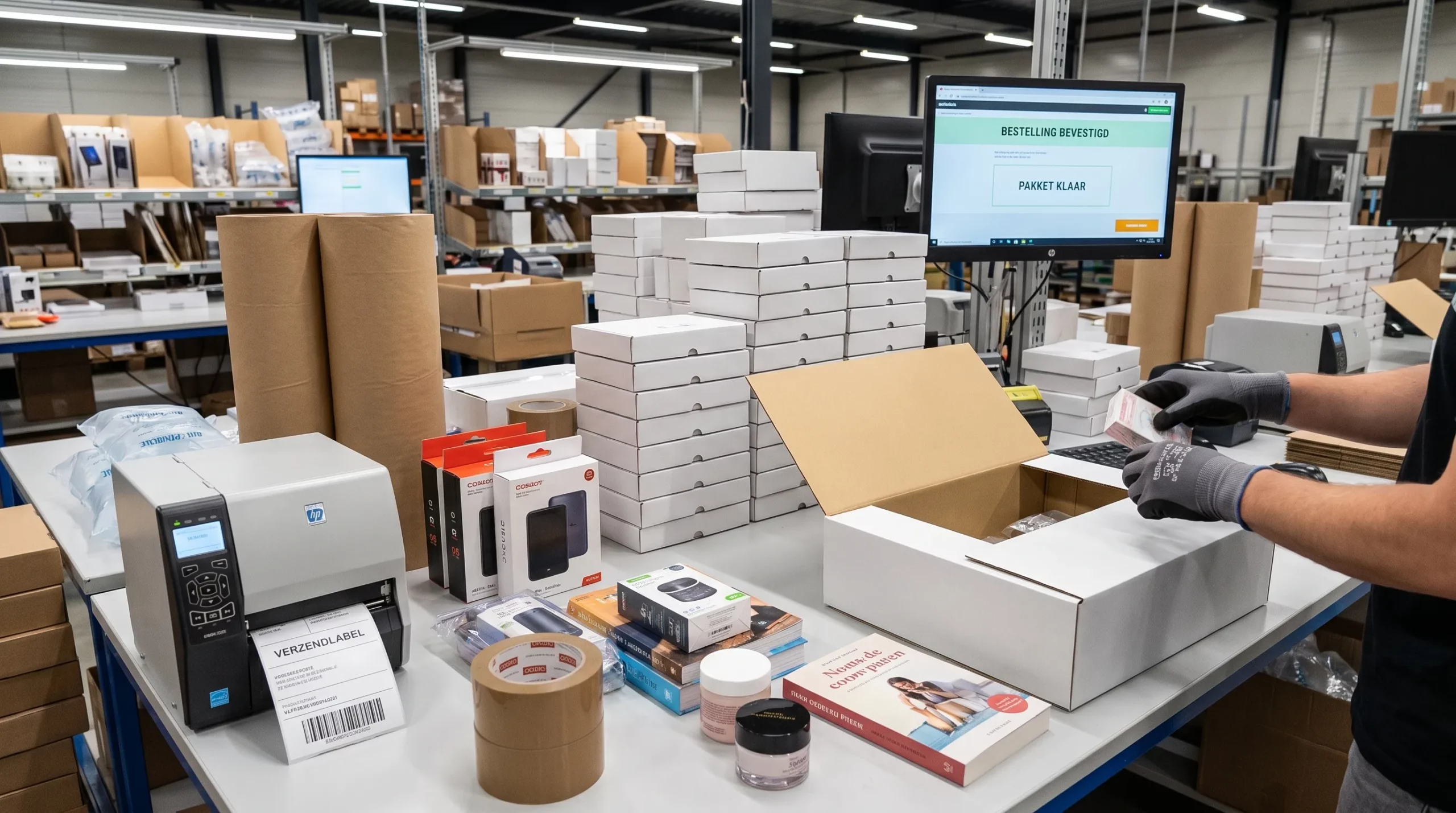 Een overzichtelijke inpaktafel in een fulfilmentruimte met stapels kleine kartonnen doosjes, opvulmateriaal, verzendlabels en compacte producten die klaarstaan om efficiënt verpakt te worden.