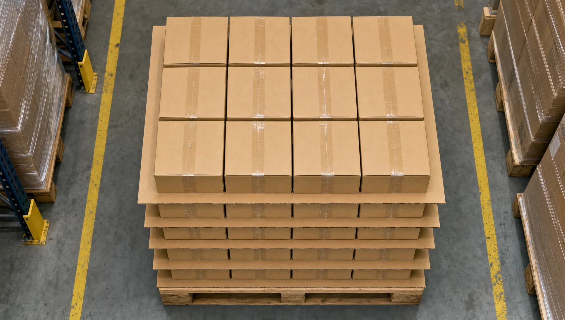 Een bovenaanzicht van een palletstapel in een magazijn, met vlakke kartonnen platen tussen de productlagen om druk te verdelen en verschuiven te voorkomen tijdens opslag en transport.
