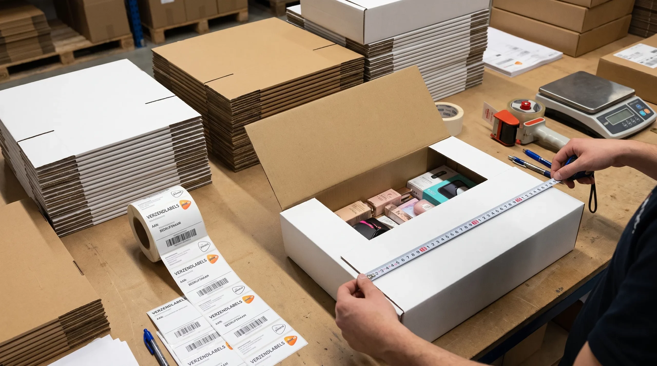 Een fulfilmenttafel met verschillende platte brievenbusdoosjes, een meetlint, productmonsters en verzendlabels, waarbij een doosje openstaat terwijl de hoogte en pasvorm van het gevulde formaat worden gecontroleerd.