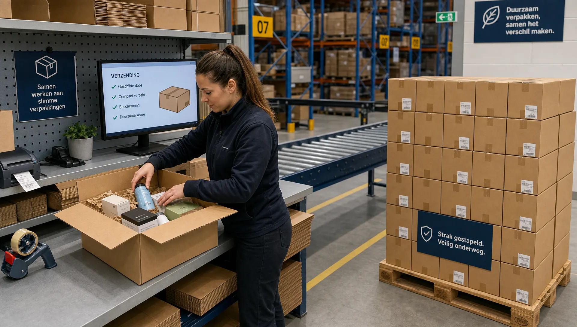 Een logistieke werkplek met goed passende golfkartonnen dozen, producten met verschillende formaten, compact opgevulde zendingen en een pallet met strak gestapelde kartonnen verpakkingen in een magazijnomgeving.