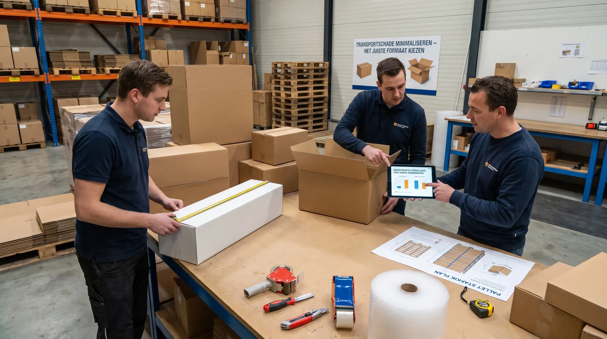 Een logistieke werkruimte met verschillende kartonnen dozen, een palletindeling en meetlinten op een inpaktafel, waarbij een team doosformaten vergelijkt om lege ruimte en transportschade te verminderen.