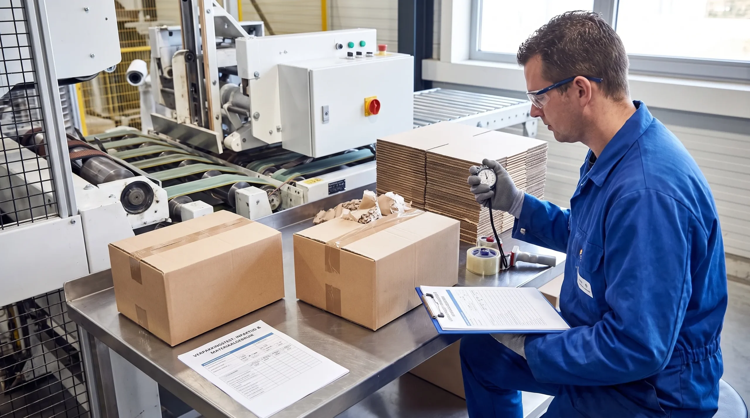 Een medewerker meet inpaktijd en materiaalgebruik tijdens een praktijktest met twee doosformaten