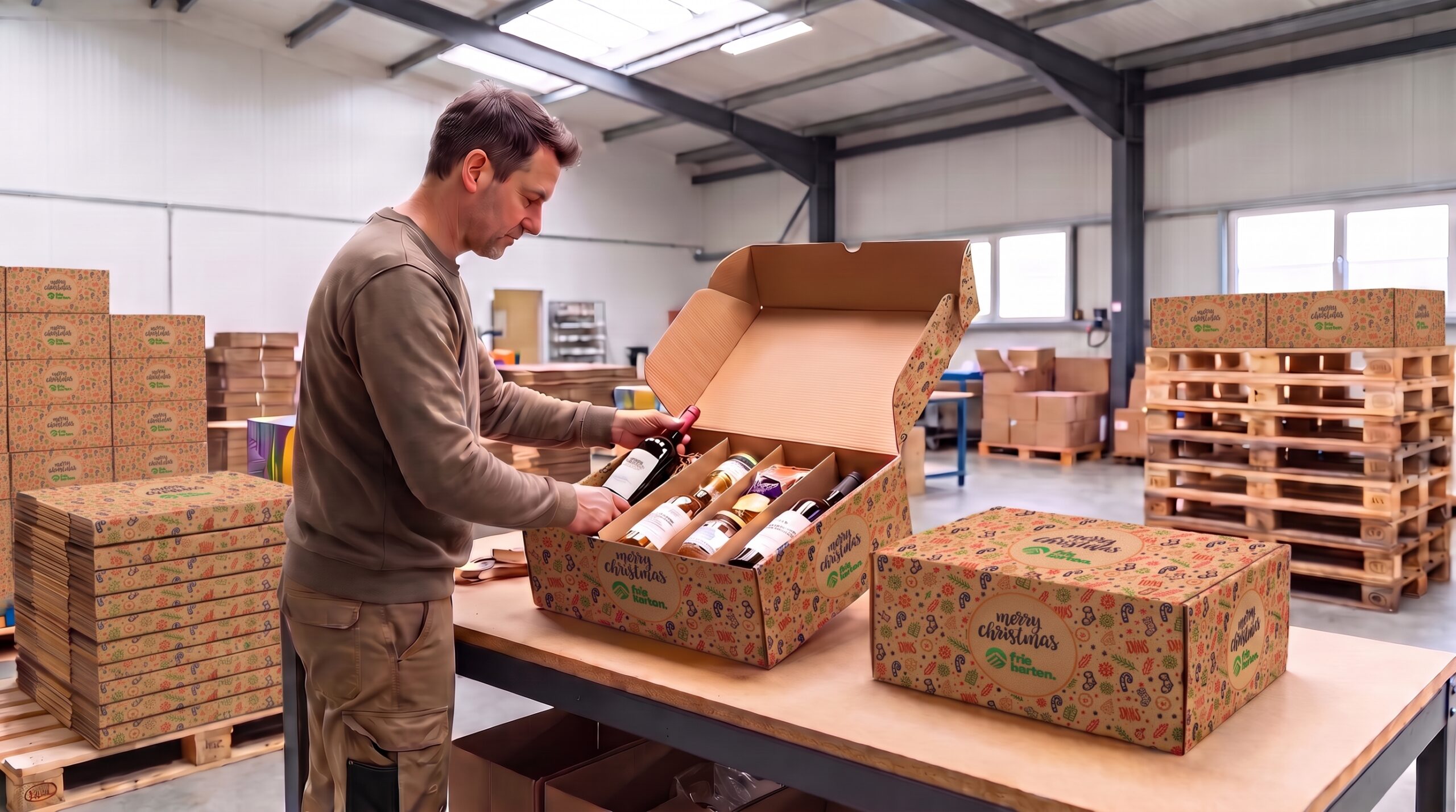 Een medewerker vult een stevige kerstpakketdoos met flessen en lekkernijen in een magazijn, terwijl ingepakte dozen klaarstaan voor transport.