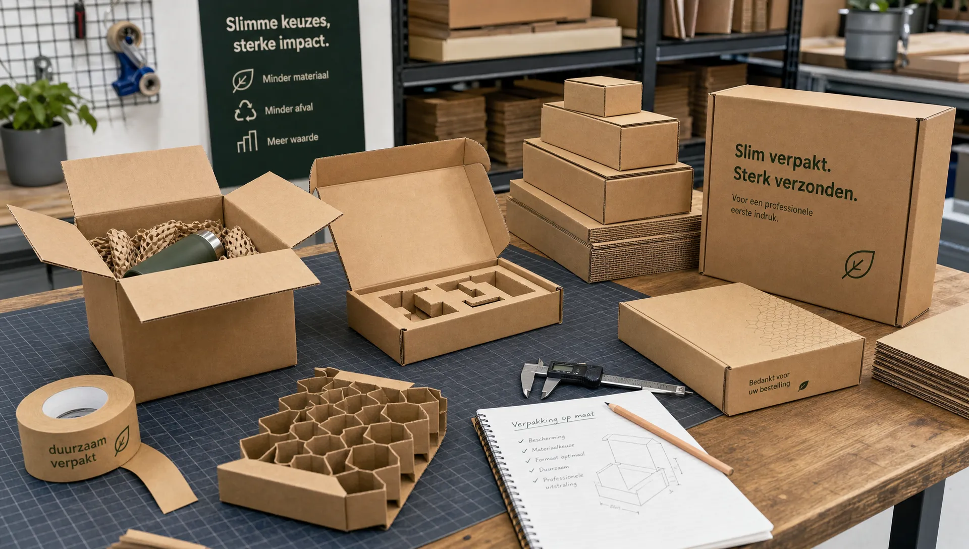 Een werktafel in een verpakkingsatelier met verschillende golfkartonnen dozen, kartonnen inserts, papieren tape en meetgereedschap, waarbij de focus ligt op slimme materiaalkeuzes en passende verpakkingen voor zakelijke verzendingen.