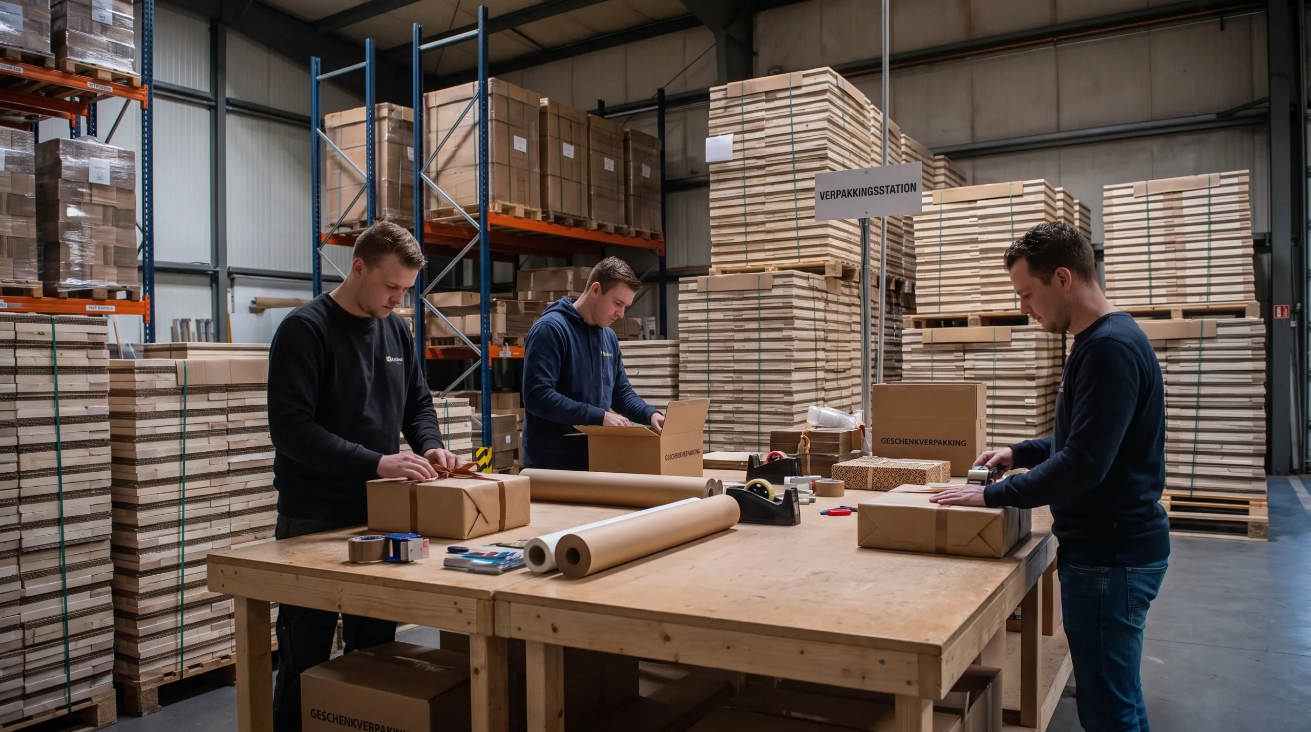 fulfilment team dat geschenkverpakkingen voorbereidt aan een efficiënte paktafel