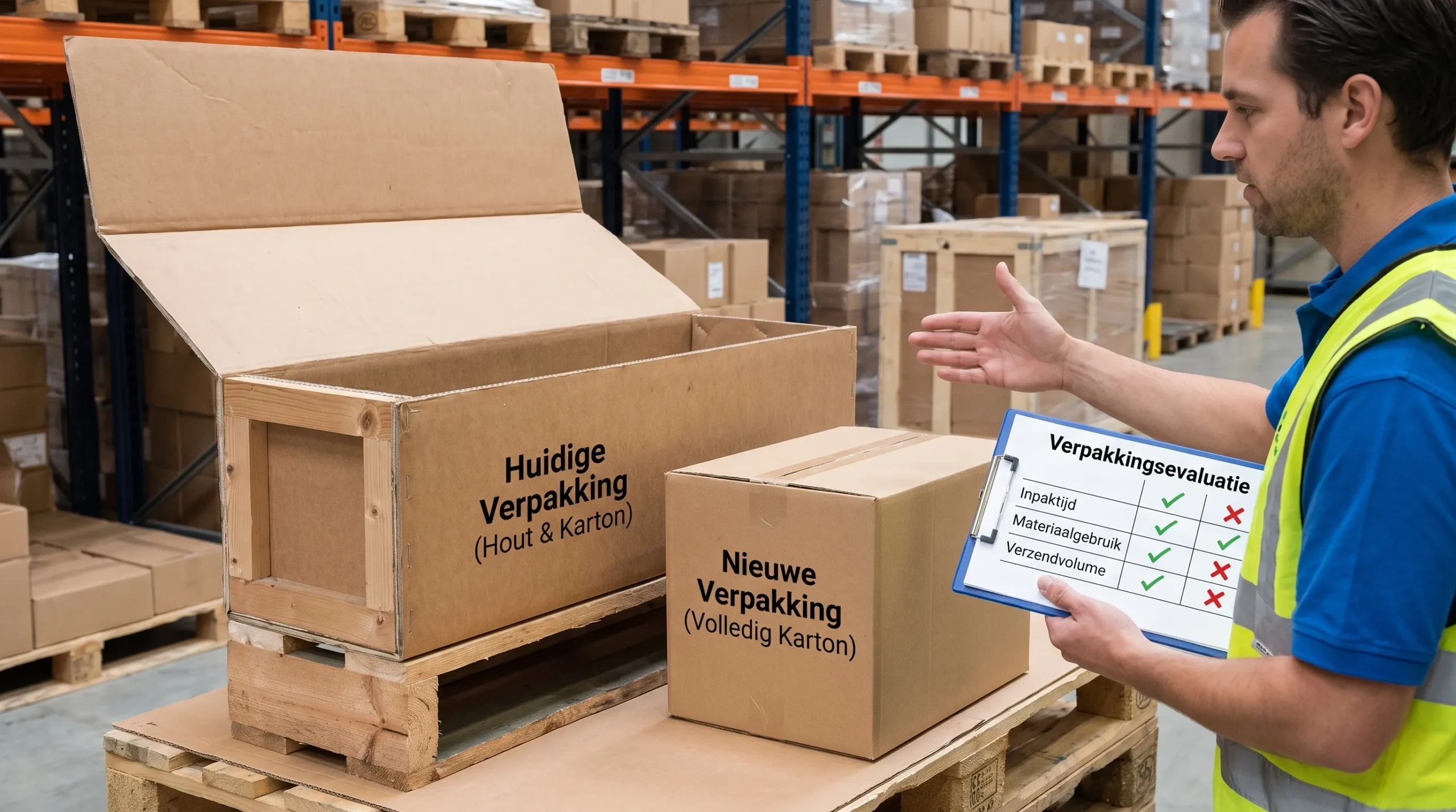 Logistiek medewerker vergelijkt inpaktijd, materiaalgebruik en verzendvolume van twee verpakkingsoplossingen