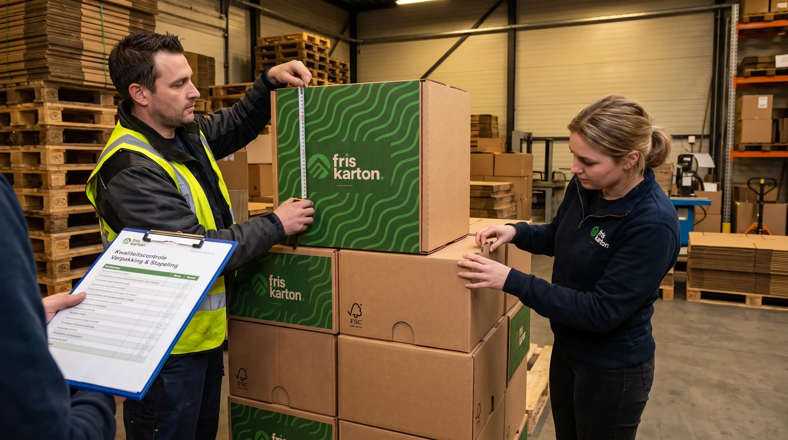 logistiek team controleert kartonnen transportverpakking op maatvoering en stapelbaarheid