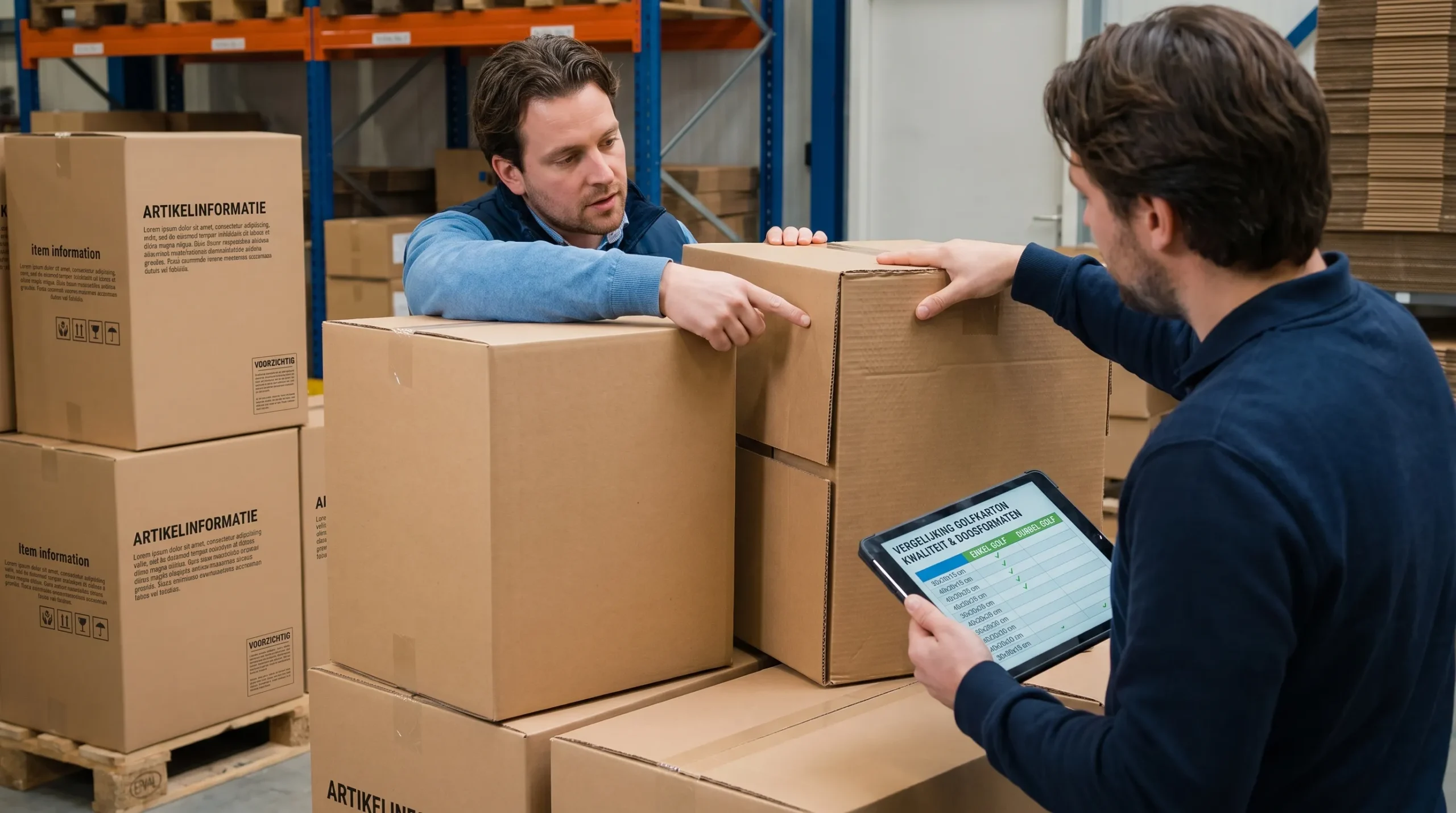 Logistiek team vergelijkt golfkartonkwaliteiten en doosformaten voor een efficiënte verpakking