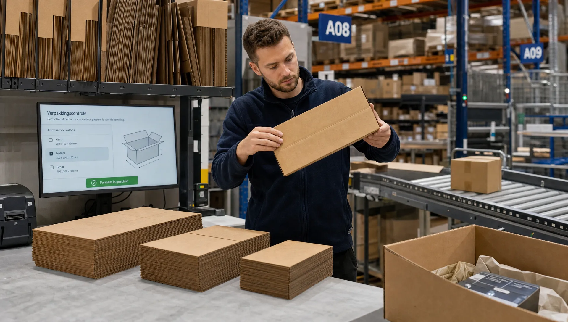 magazijnmedewerker controleert passende vouwdozen in het fulfilmentproces