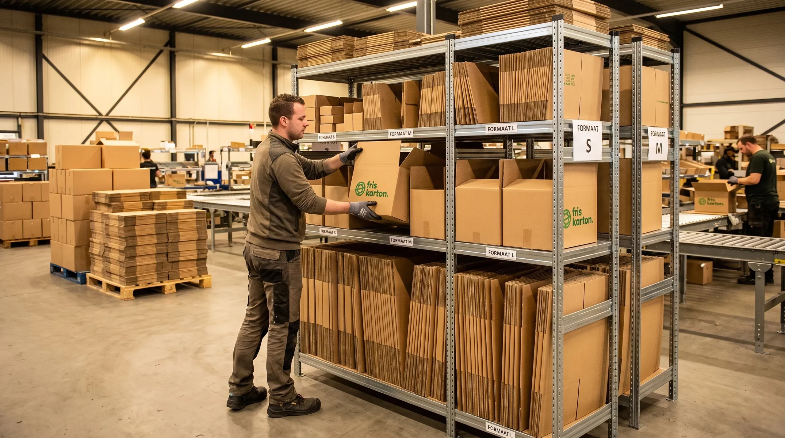 medewerker in een fulfilment center kiest een passende kartonnen doos uit een overzichtelijk rek