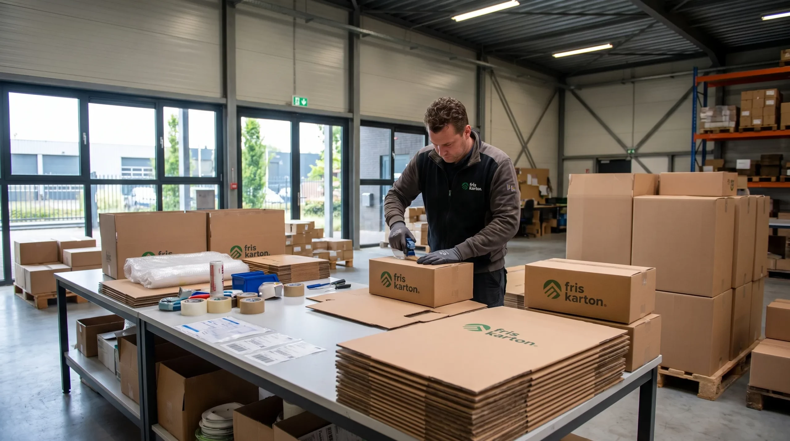 Medewerker verpakt producten in bedrukte postdozen aan een fulfilmenttafel