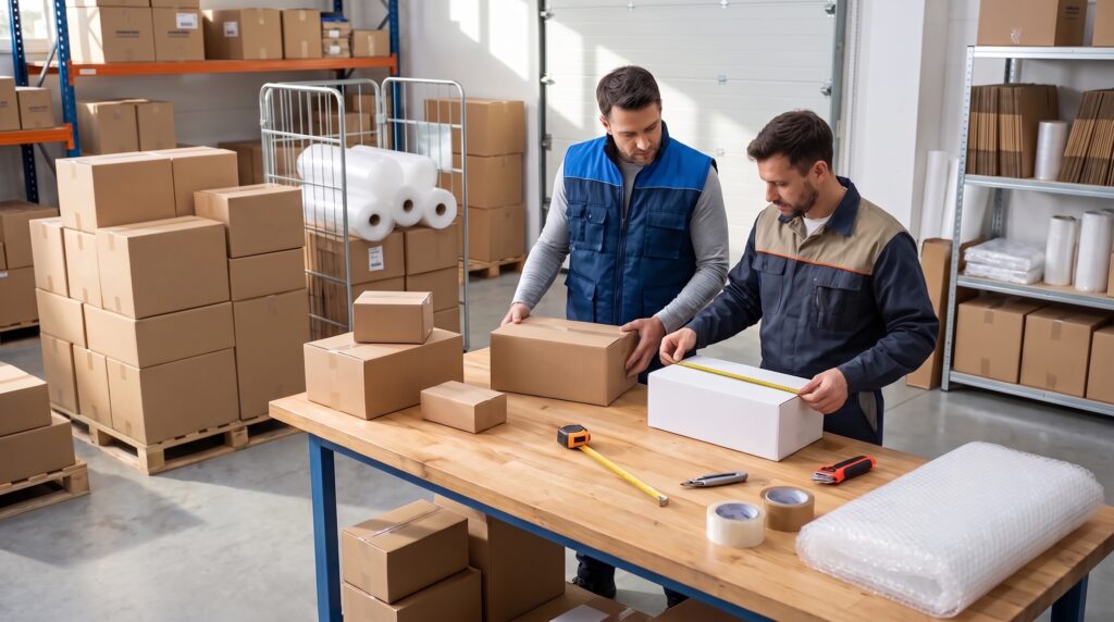 Twee magazijnmedewerkers meten een verzenddoos op een werktafel, omringd door golfkartonnen dozen en verpakkingsmateriaal.