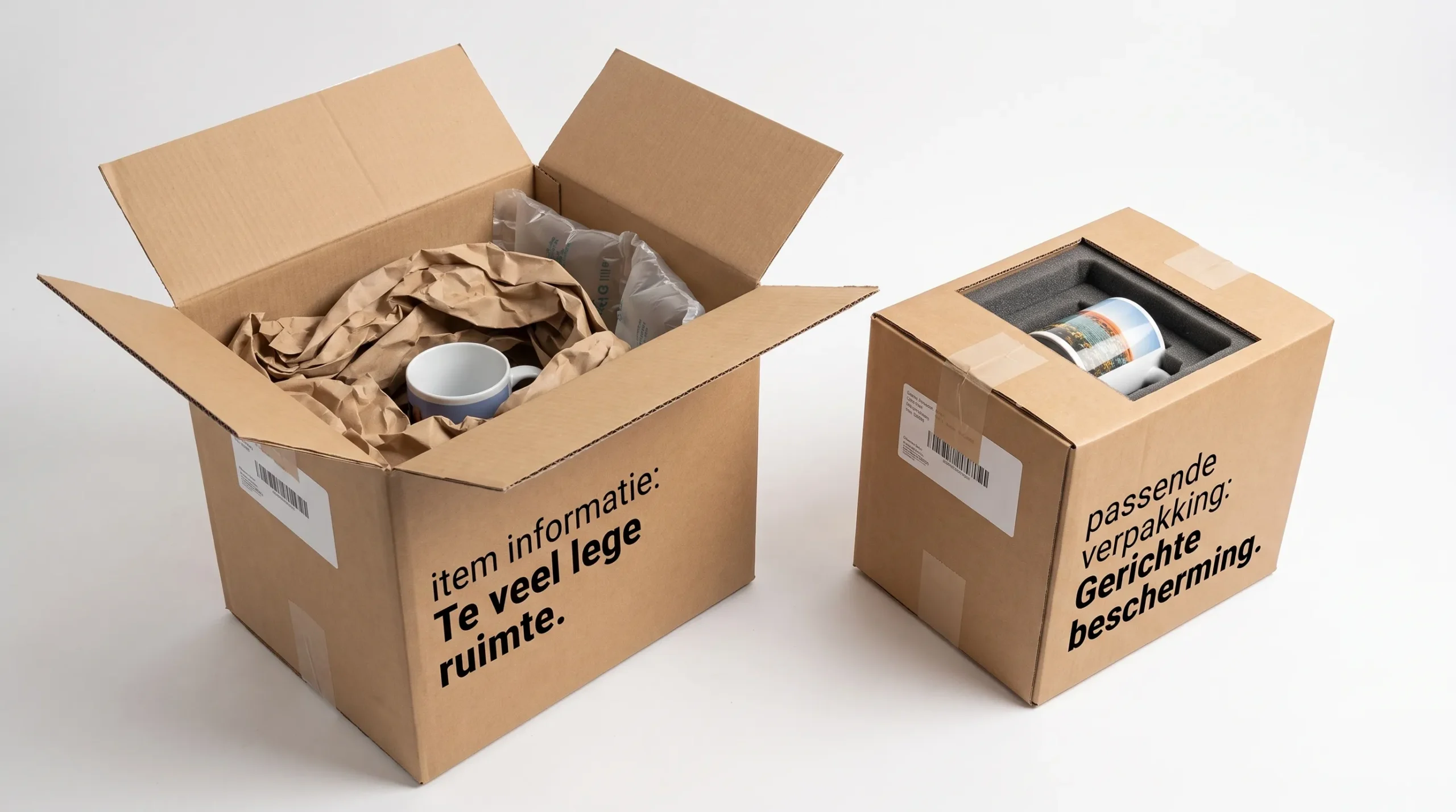 Vergelijking van doosjes verzenden met te veel lege ruimte en een passende verpakking met gerichte productbescherming
